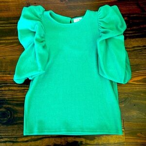THML emerald green sweater with ruffle at sleeve